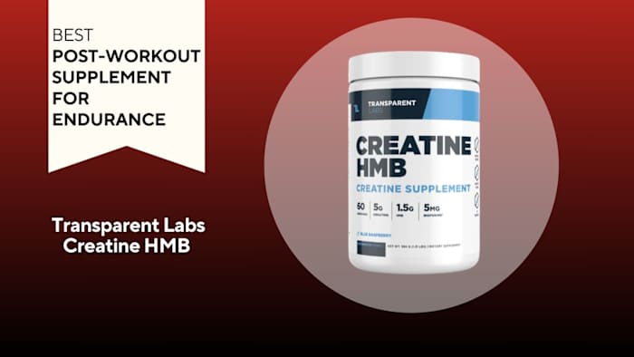 White tub with blue writing that says "CREATINE HMB" against a red background